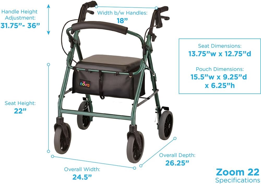NOVA Zoom 22 Rollator Walker for Seniors, Rolling Walker with Locking Hand Brakes, Padded Seat & 8" Wheels, Lock N Load for Easy Transport & Storage, Adjustable Height 5'5"–6'1", Red