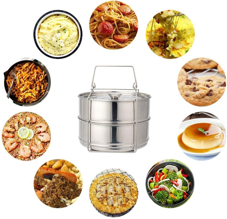 Stackable Steamer Insert Pans- Instant Pot Accessories 6 Qt-2 Silicone handle & Interchangeable Lids–Pressure Cooker Accessories- Pot in Pot for