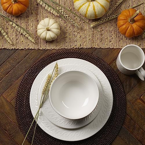 Pfaltzgraff Sylvia Dinnerware Set 32-Piece Service for 8 - White Porcelain Dinner Plates, Salad Plates, Soup Bowls and Mugs with Embossed Scrollwork