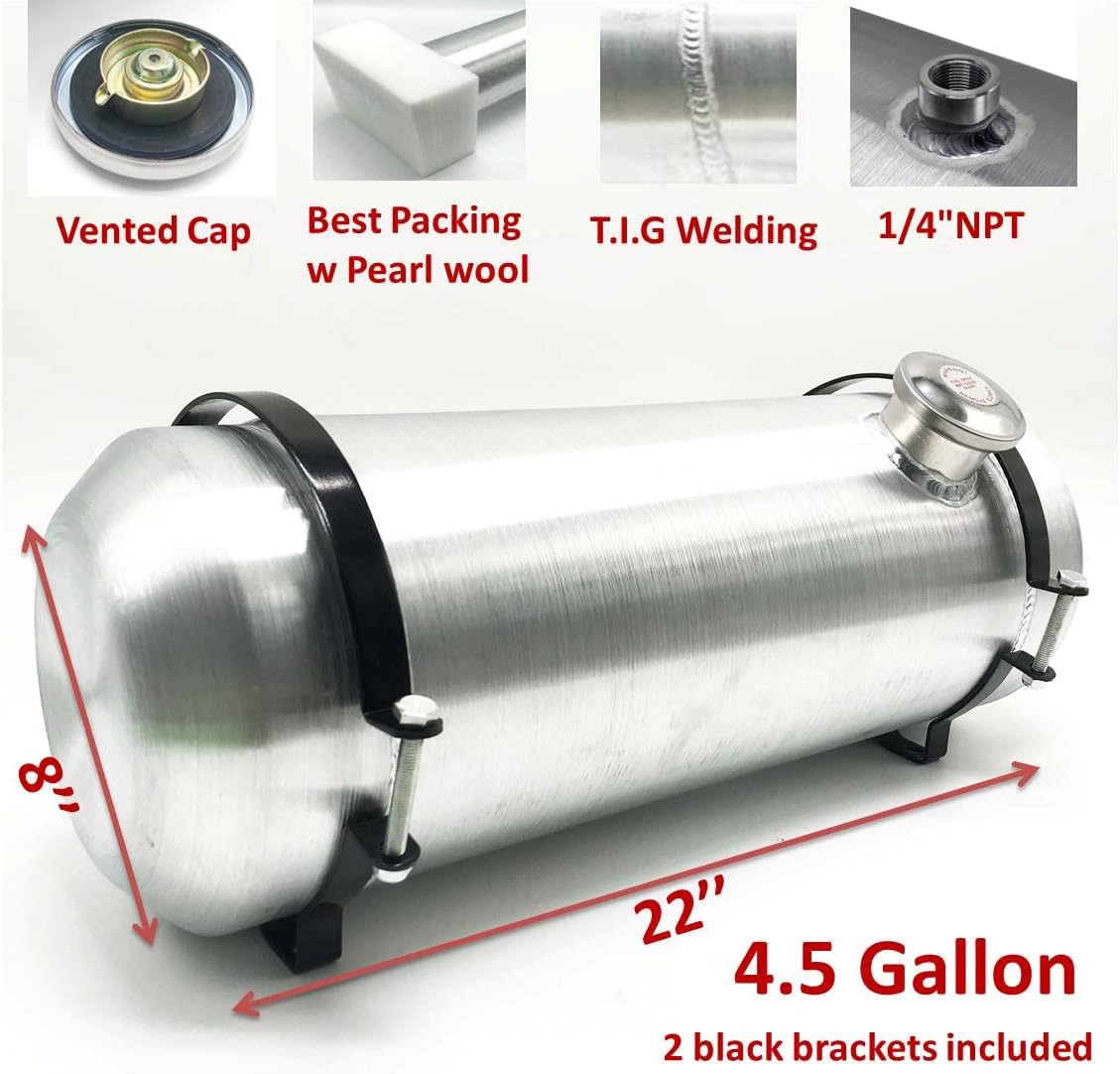 JSD 5 Gallons 8”x24“ Aluminum Spun Round Fuel Gas Tank Cell Fuel Tank with Bracket End Fill 1/4" NPT Outlet