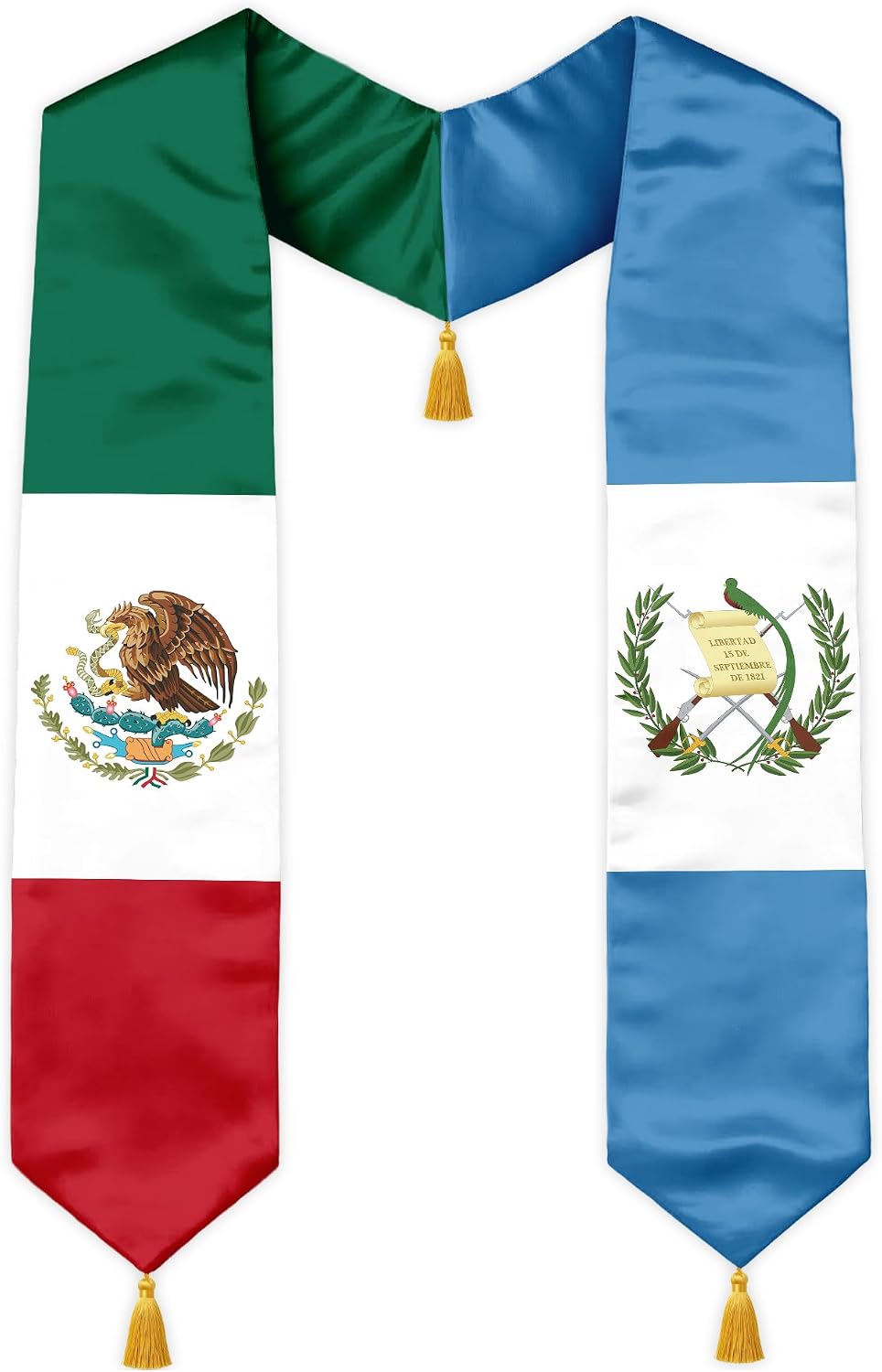 Class of 2026 Dual Flag Graduation Stole with Gold Tassels, Half and Half Country Flag Satin Sash, V-Neck
