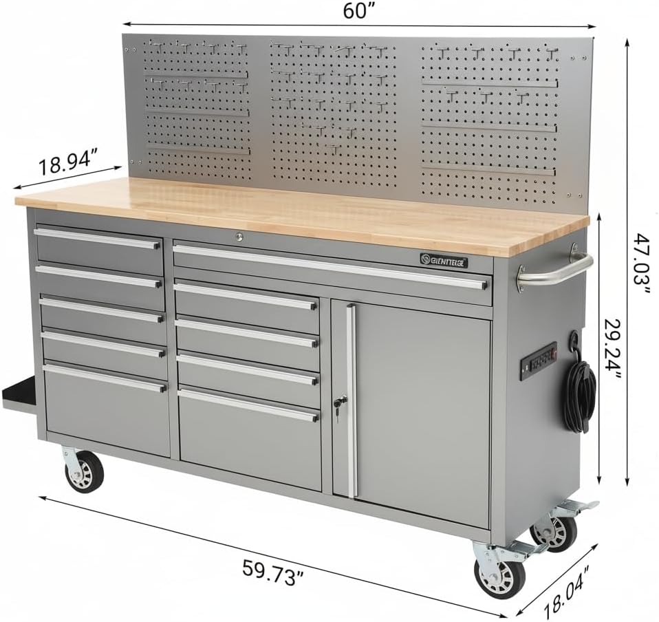 61-Inch Rolling Tool Chest with 10 Drawers & Power Strip, Solid Rubber Wood Top, 1675 LBS Load Heavy Duty Mobile Workstation, Locking System and Drawer Liners for Garage Warehouse Shop, Black