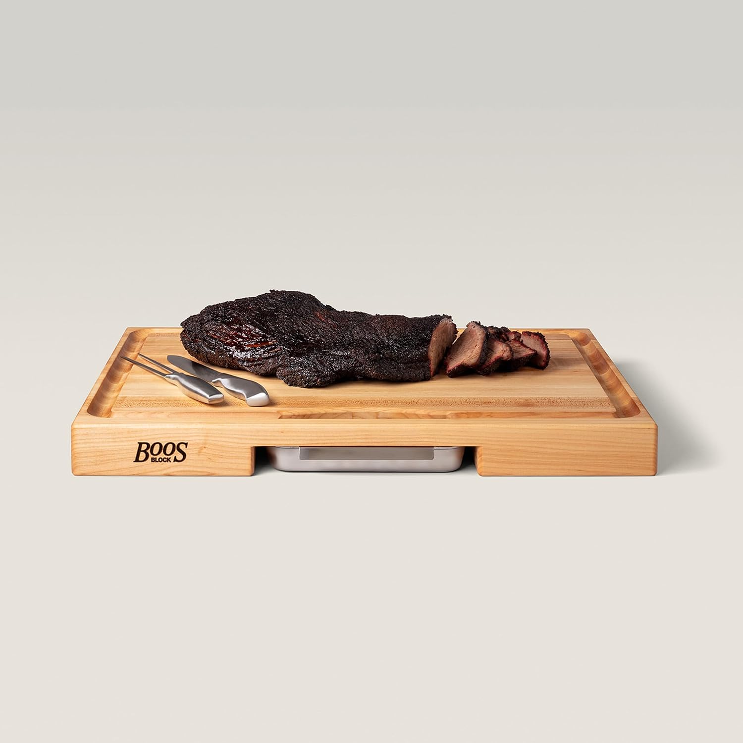 John Boos Newton Prep Master Series Rectangular Wooden Maple Cutting Board 15”x14” – 2.25” Thick, 14-lb Reversible Butcher Block with Catch Pan, Sloped Juice Groove & Edge-Grain – Made in the USA