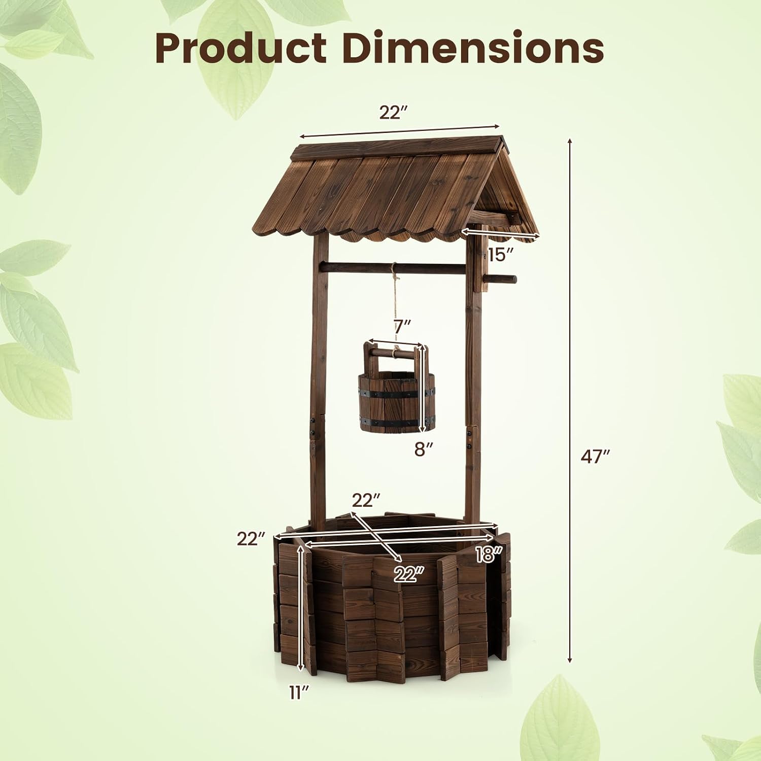 Giantex Wooden Wishing Well Planter with Hanging Bucket, Carbonized Fir Wood Outdoor Garden Planter for Flowers
