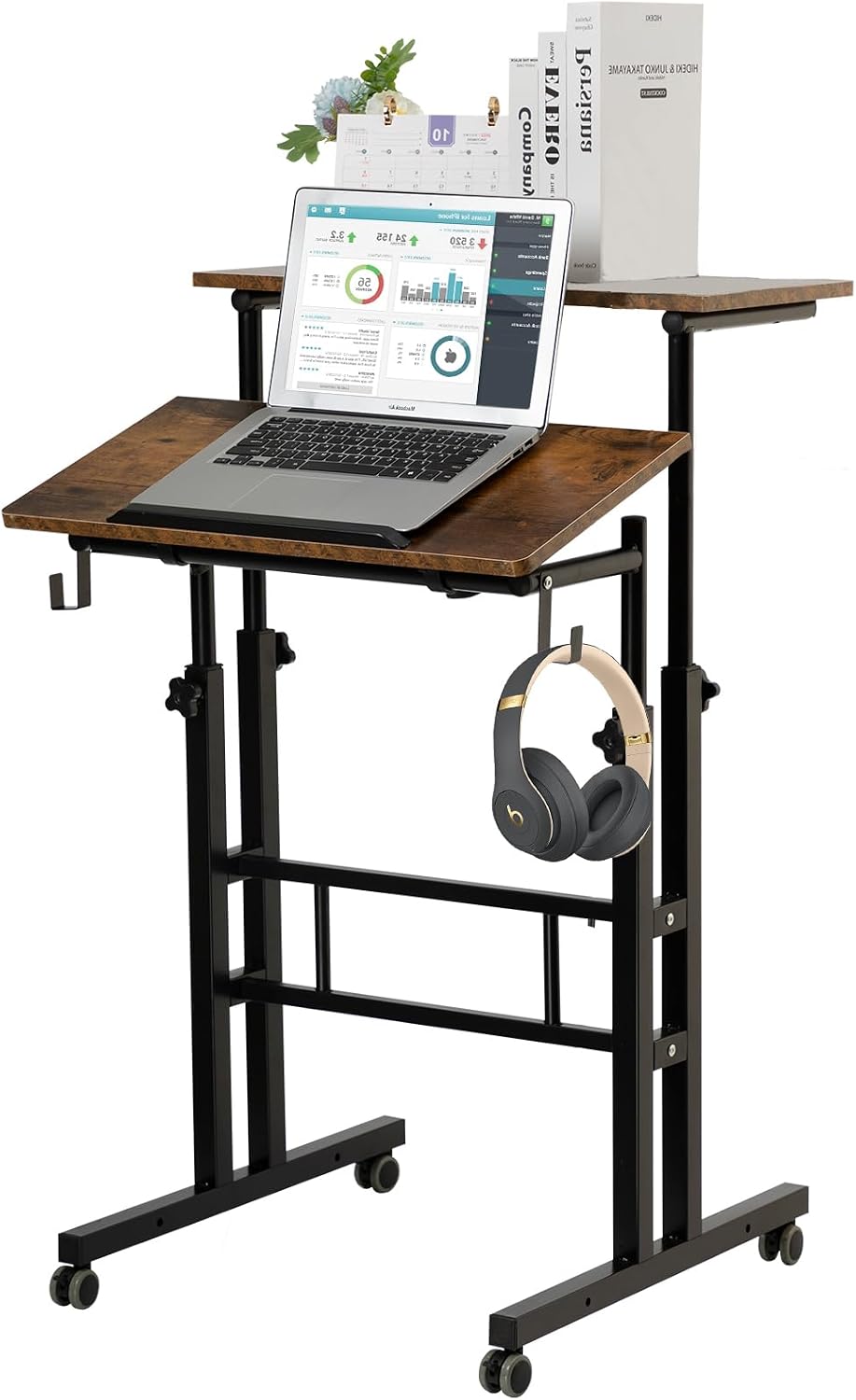 SIDUCAL Mobile Standing Desk, Portable Stand Up, Small Adjustable Converter with Wheels Home Office Workstation, Rolling Desk Laptop Cart for Standing or Sitting, Black