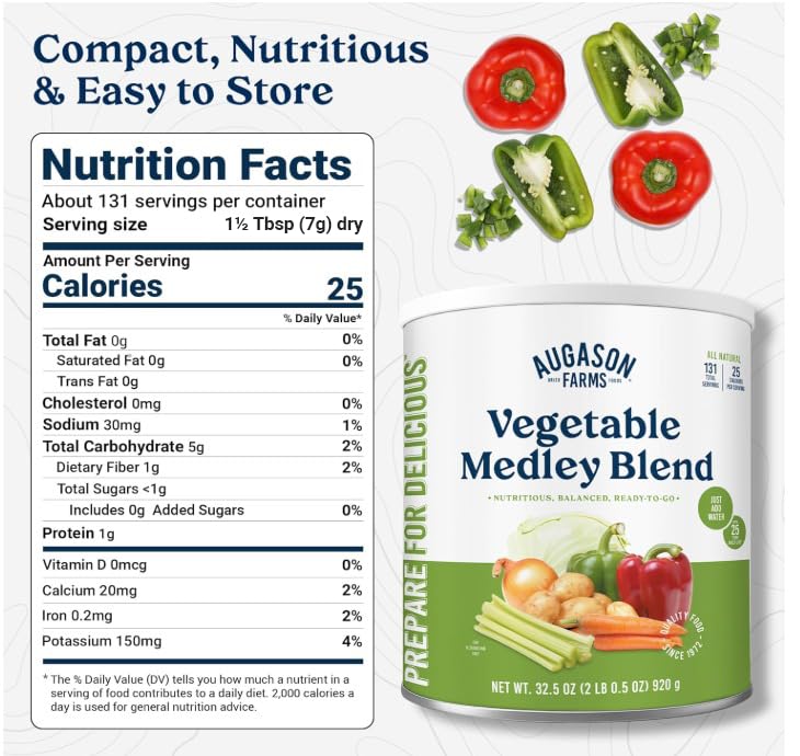 Augason Farms Vegetable Medley Blend Can | 131 Servings, Dehydrated Mixed Veggies, Gluten Free Emergency Food Supply with Long Shelf Life for Survival