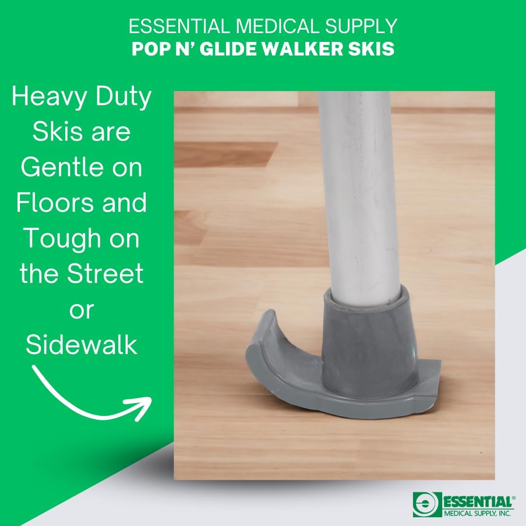 Essential Medical Supply Pop & Glide Easy Use Walker Ski Glides, 2 Pack - Universal Fit Walker Accessories in Gray