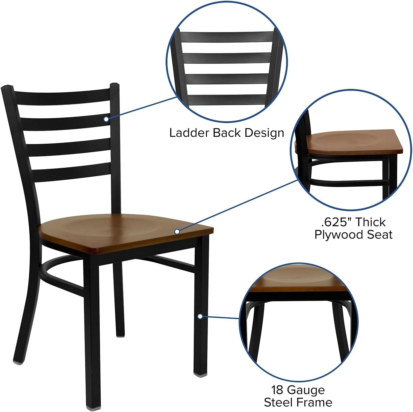 Flash Furniture Hercules Series Commercial Ladder Back Restaurant Chairs, Modern Lightweight Metal Dining Chairs with Padded Seats, Set of 2, Black