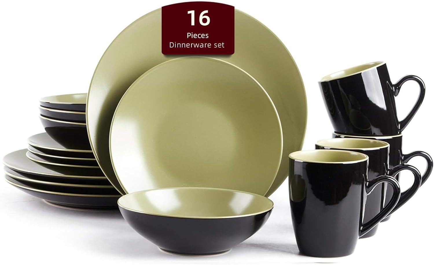 Stoneware Two-Tone Colors Life 16pc Dinner Set，Outside Shiny Black + Inside Matte Glaze Olive