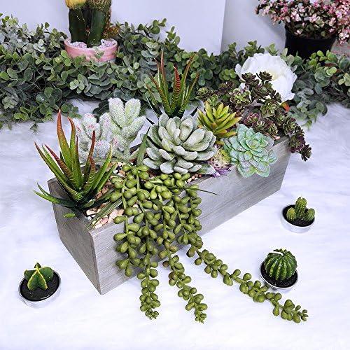 Supla Artificial Potted Succulents Plants Arrangement Fake Succulent Plants in Rectangular Wooden Pot Arrangement for Table Centerpiece Windowsill
