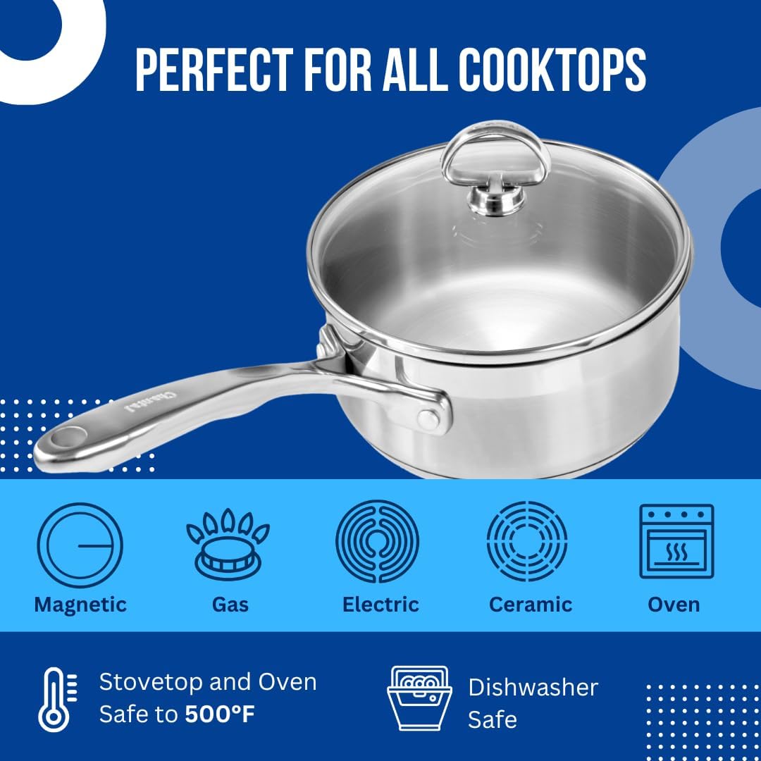 Chantal Induction 21 Steel 1 quart NonStick Saucepan with Tempered Glass Lid, Ceramic Non Stick, Brushed Stainless Steel