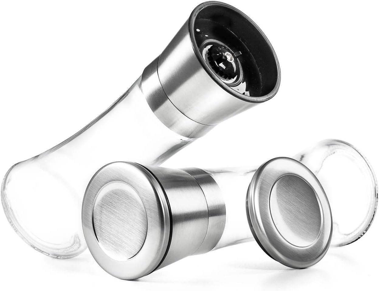 Levav Premium Salt and Pepper Grinder Set of 2- Brushed Stainless Steel Pepper Mill and Salt Mil, Glass Body