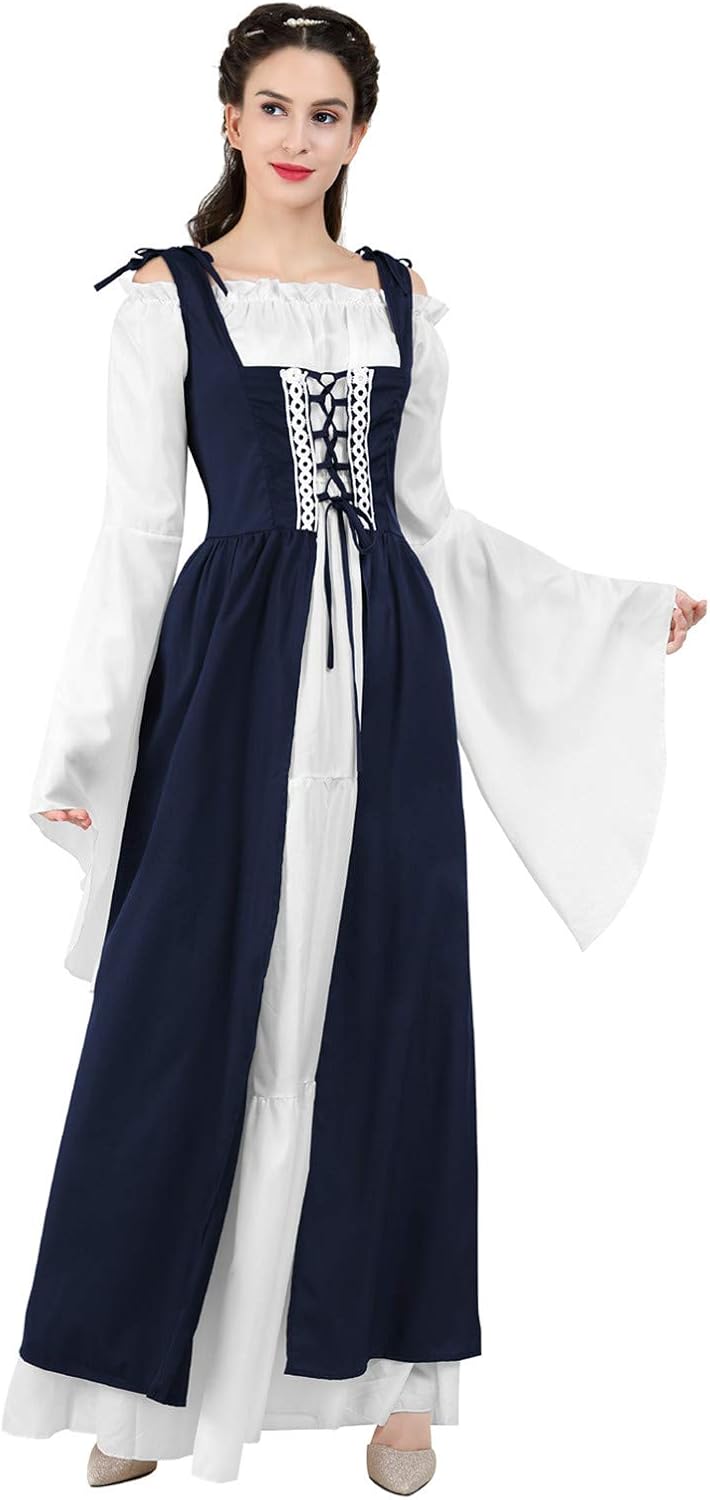 Kranchungel Renaissance Costume Women Dress: Flowy Long Sleeve Medieval Dress for Renaissance Faires & Medieval Festival