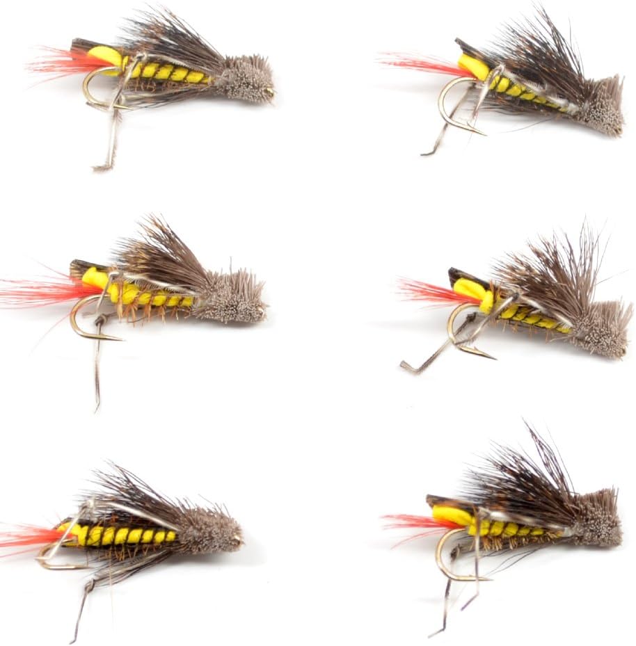 The Fly Fishing Place Dave's Hopper Trout Fly Fishing Flies - Yellow Foam Body Grasshopper Dry Fly - 6 Flies Hook Size 8