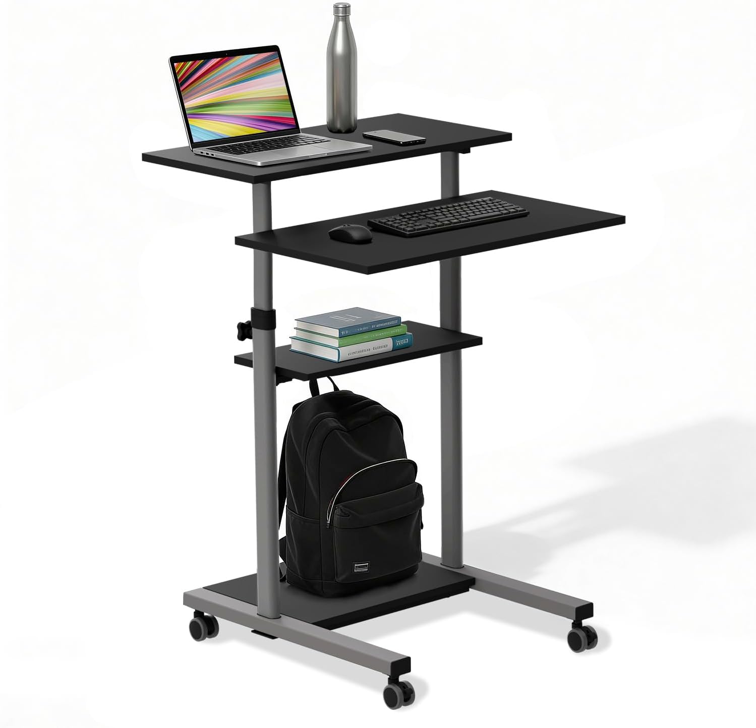Mount-It! Black Rolling Standing Desk, Adjustable Height up to 54.7", Portable Laptop Podium Desk on Wheels, Mobile Computer Workstation with 4 Shelves 27.5" Wide, Cart for Home Office or Classroom