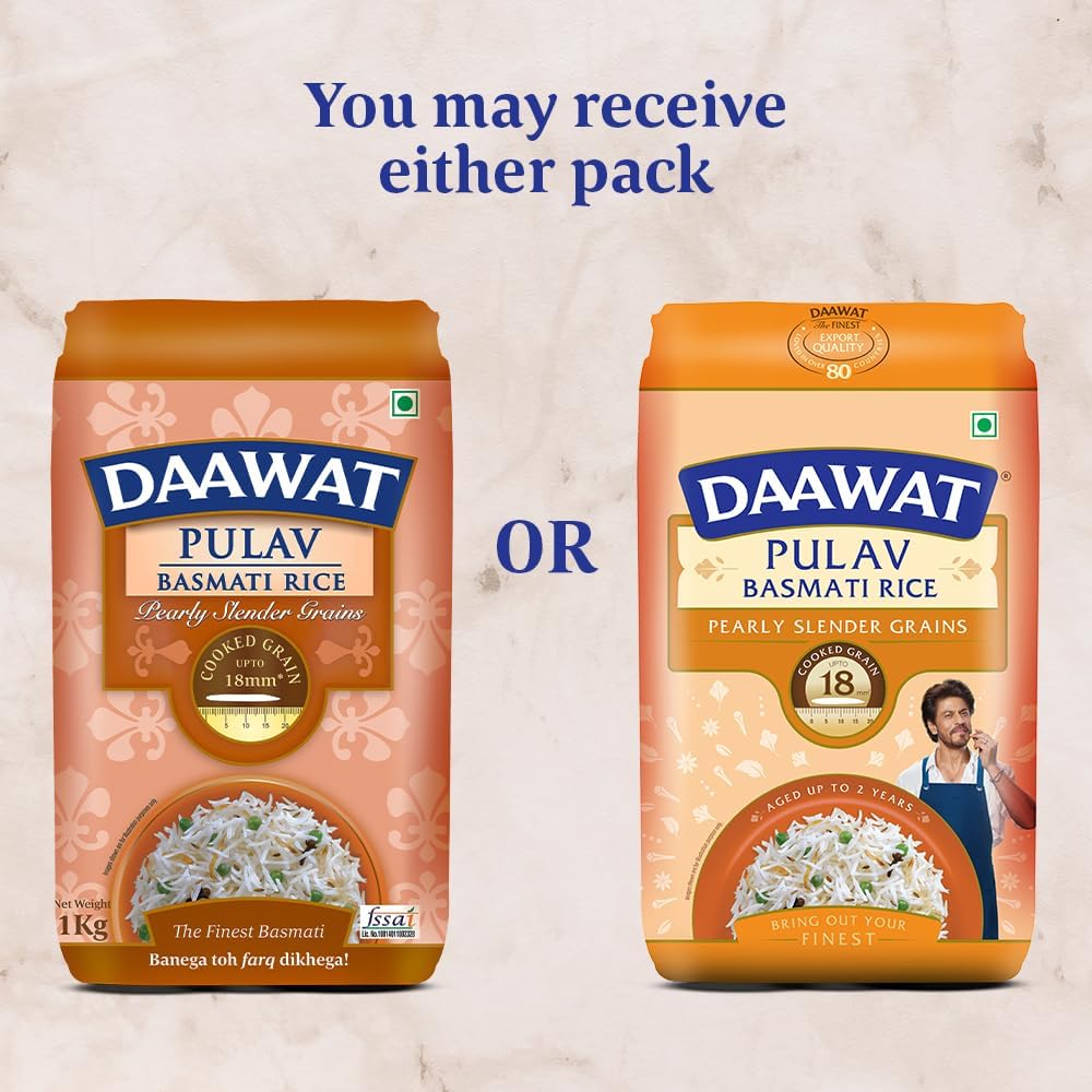 Daawat Pulav Basmati Rice | Naturally Aged Long & Slender Grains | Fluffy Non-Sticky Texture | Perfect for Pulav & Everyday Meals, 1 kg (2.2 lb)
