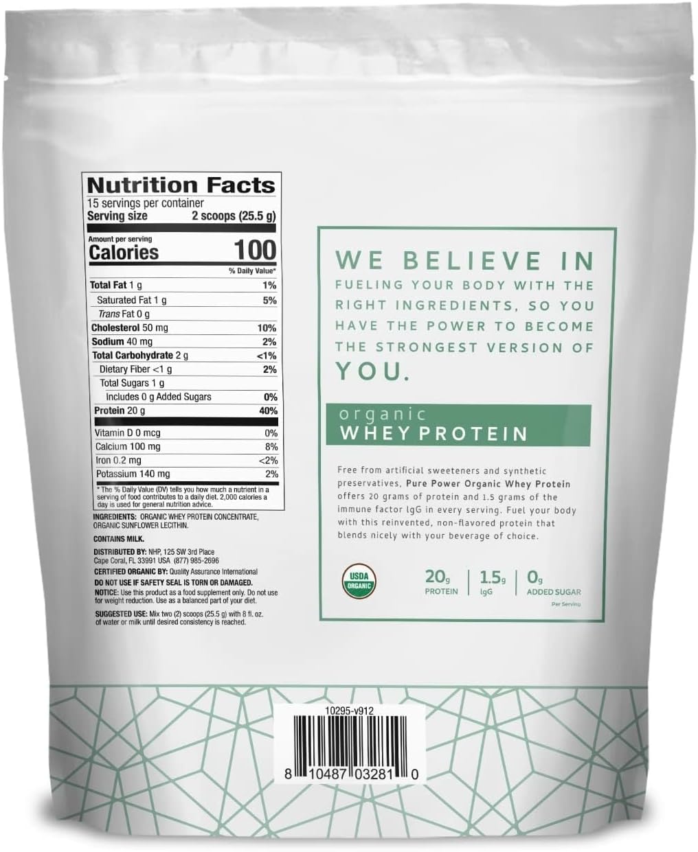Dr. Mercola Pure Power Organic Whey Protein, 20 g, 20.60 oz (15 Servings)