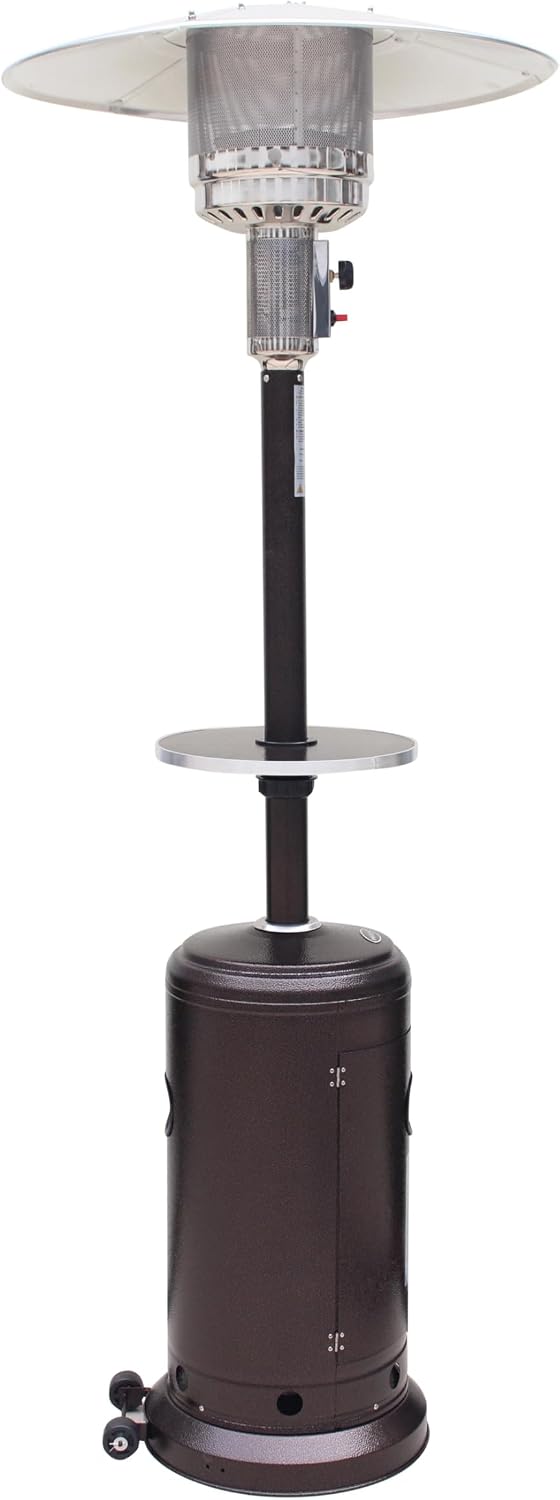 AZ Patio Outdoor Propane Gas Patio Heater, 48K BTU's, Open Door Design, Adjustable Table, Single pole, Weight Bladder Included, Regulator and Hose, Hammered Bronze Finish