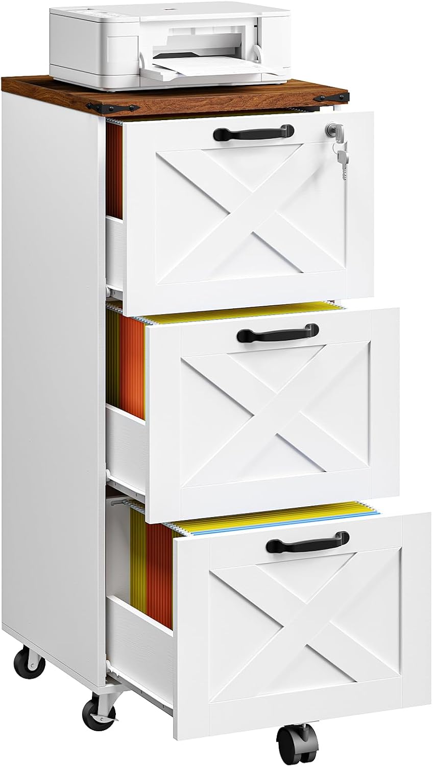HOOBRO 3 Drawer File Cabinet with Lock, Mobile Filing Cabinet for Home Office, Wooden Farmhouse Office Storage Cabinet, Printer Stand Fits Letter and A4 Size, Walnut and White WH93WJ01G1