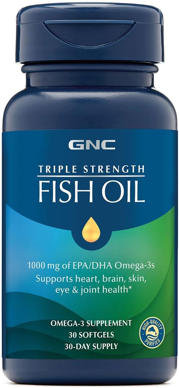 GNC Triple Strength Fish Oil Omega 3 Supplement, 1000mg EPA and DHA, Supports Heart, Brain, Skin, Eye and Joint Health, 60 Softgels