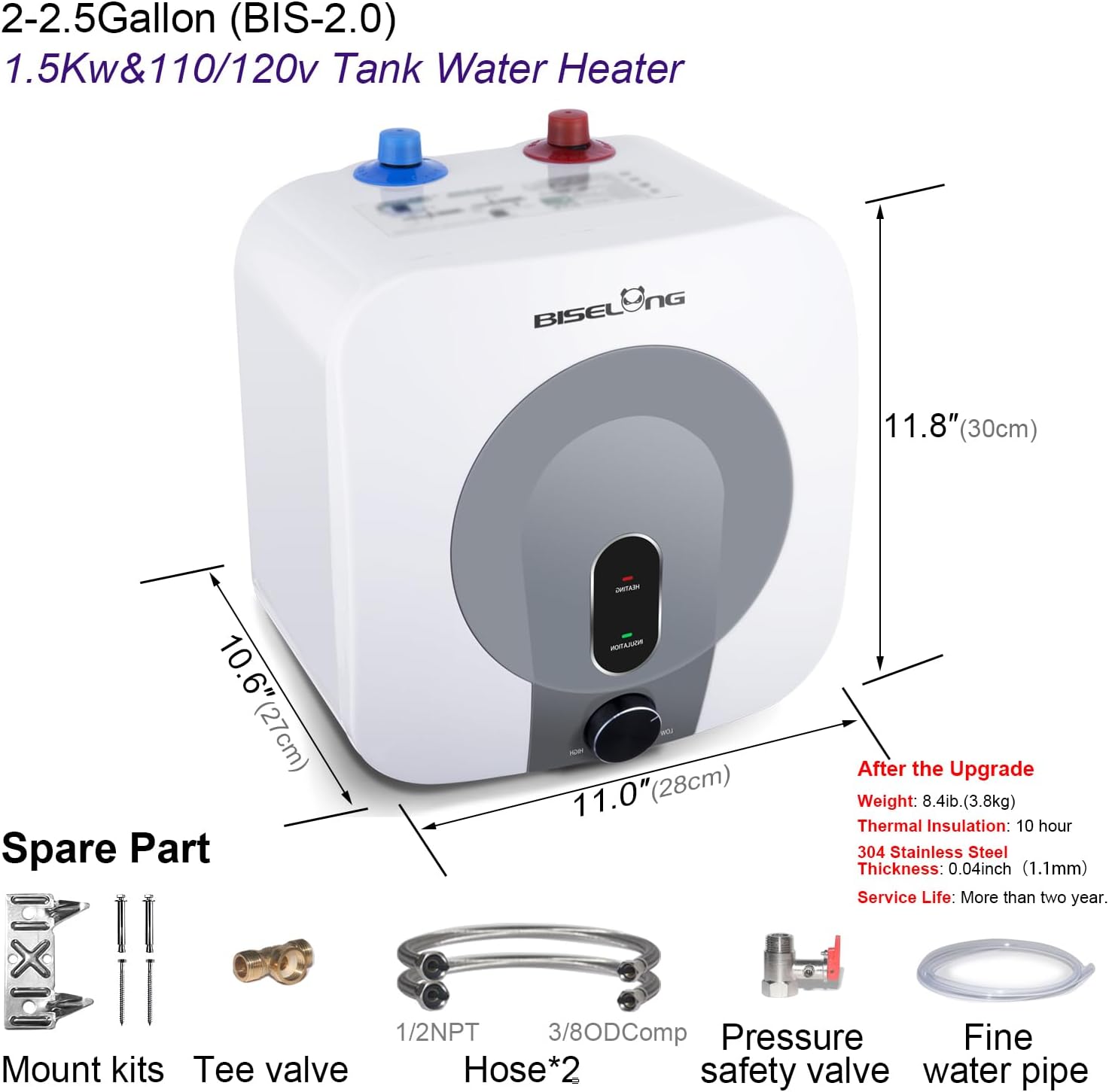 110V-120V 1440-1500W Small Under Sink Tank 2.5 Gallon Water Heater Hot Storage, Mini Instant Electric RV TR Trailer Kitchen Compact