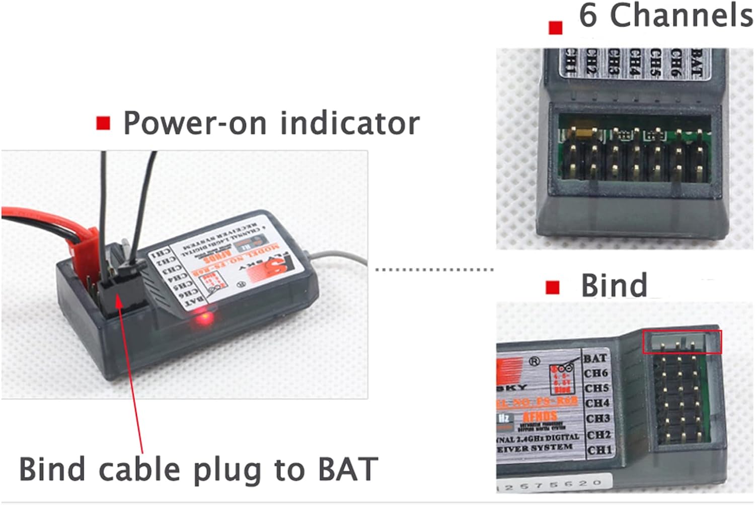 FS-R6B 2.4G 6 Channel Receiver Radio Model Remote Control Receiver for RC Car FS-i10, FS-i8, FS-i6X, FS-i6, S-TH9X, FS-T6, FS-CT6B, FS-T4B, FS-GT2