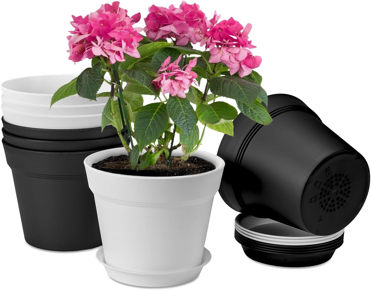 homenote 7.5 Inch Plastic Flower Pots with Drainage Holes and Trays (8 Pcs)