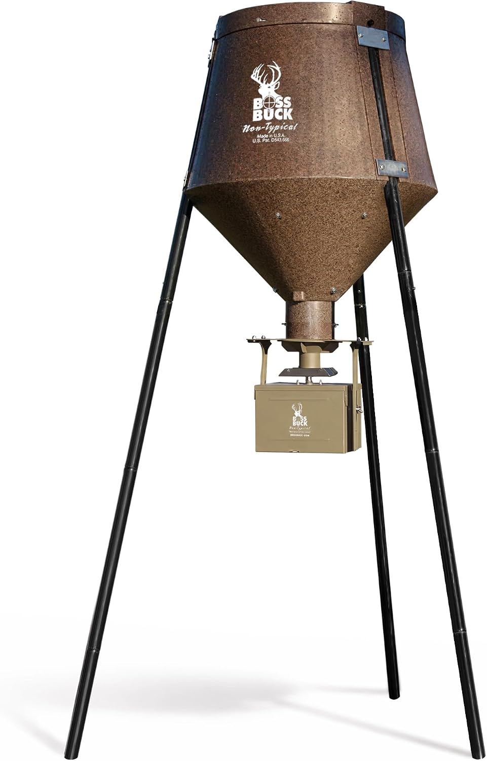 BOSS BUCK 200 LB Deer Feeder/Hunting Durable Lightweight Plastic UV Protected Waterproof Game Feeder with 12V Spinner Automatic Delivery System & Multi-Piece Legs