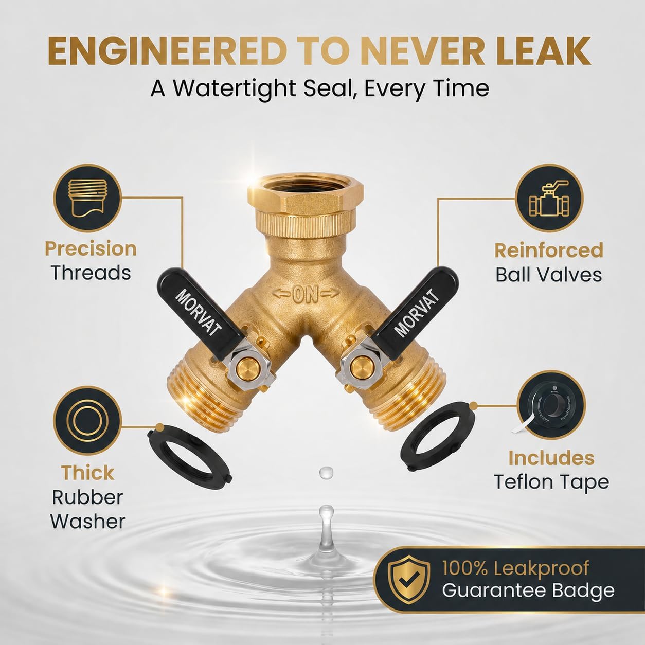 Brass Heavy-Duty Garden Hose Water Splitter | LEAD-FREE 2-Way Y Splitter for Water Spigot & Faucet | Manifold Connector ON/OFF Valves w/Improved Comfort Grip, 3 Extra Washers & Teflon Tape