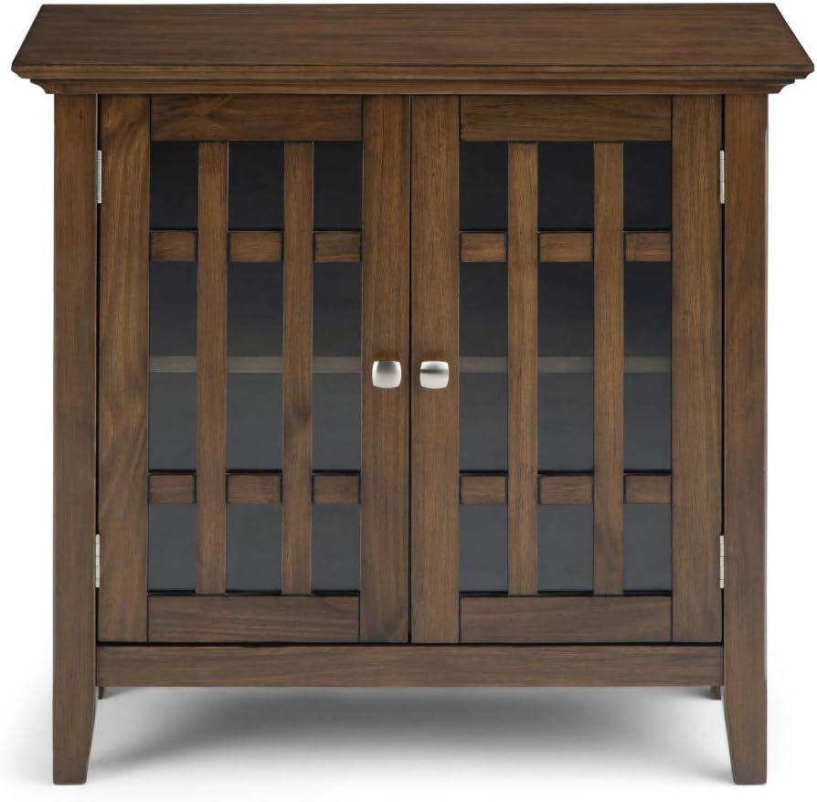 SIMPLIHOME Bedford 62" Wide Solid Wood Sideboard in Brunette Brown | Transitional low media console with glass doors and storage shelves for the living room, entryway or dining room.