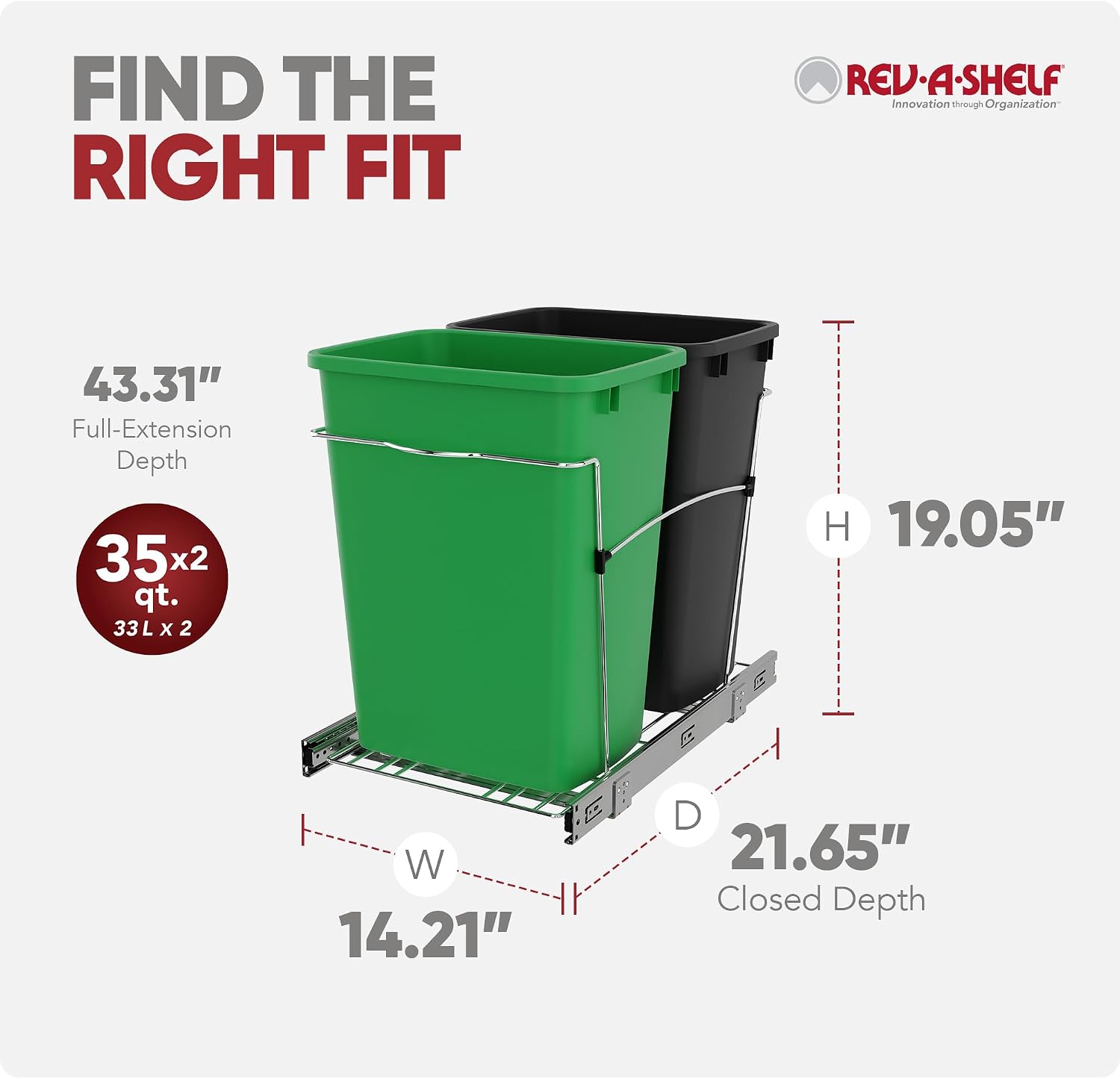Rev-A-Shelf Double Pullout Garbage Trash Cans for Kitchen Cabinets, 35 Qt