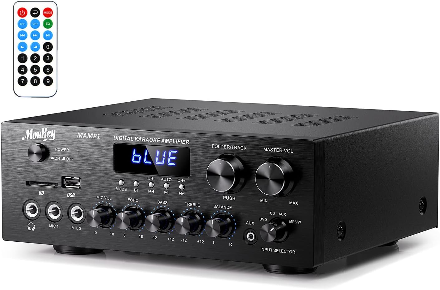 Moukey Stereo Receivers with Bluetooth 5.0, 2.0 Channel Power Audio Amplifier Stereo System w/USB, SD, AUX, RCA, MIC in w/Echo, LED for Karaoke