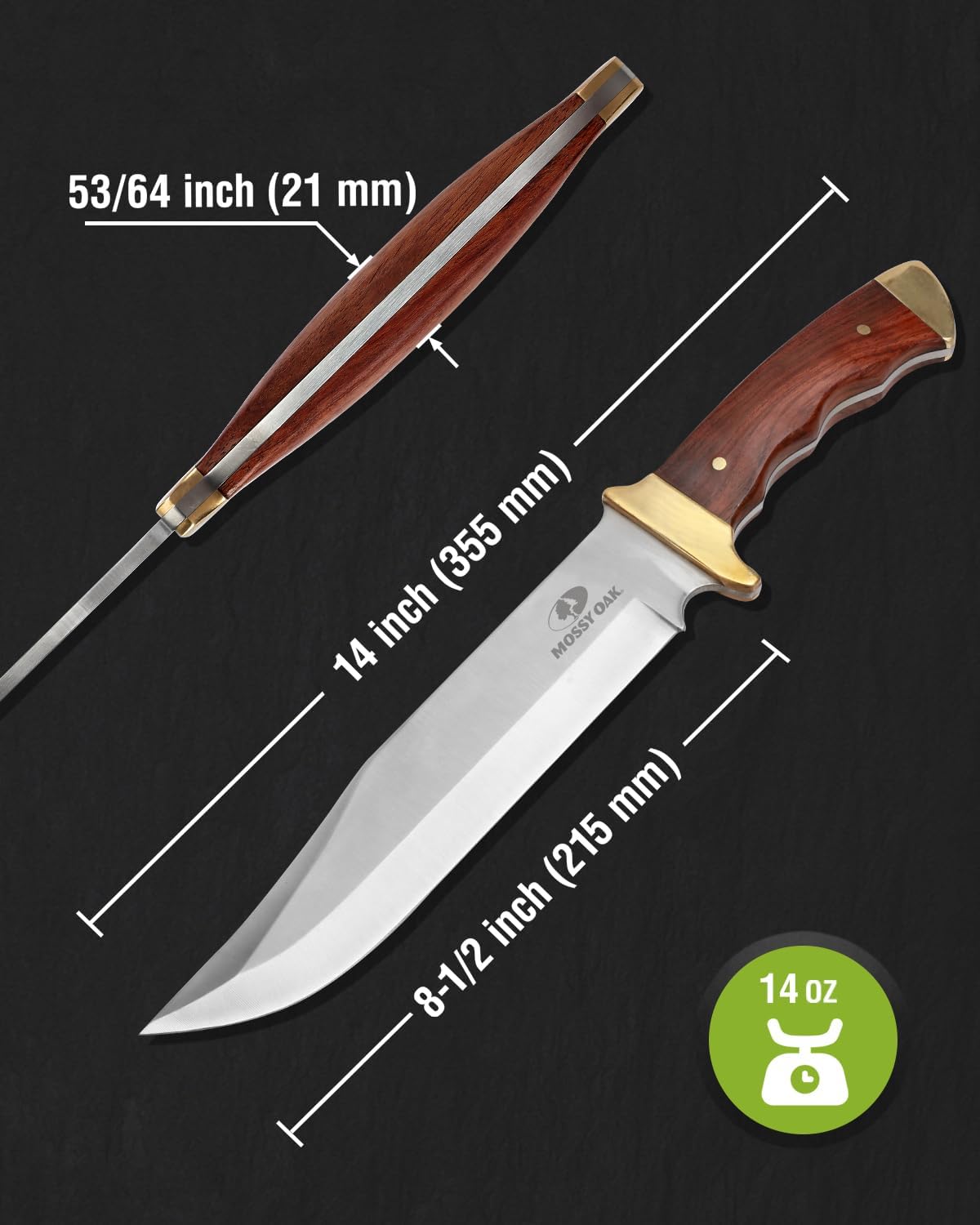 Mossy Oak 14-inch Bowie Knife, Wood Handle, Hunting Knife | Full-tang Fixed Blade, Leather Sheath, Hunting Knives for Camping, Hiking, Survival