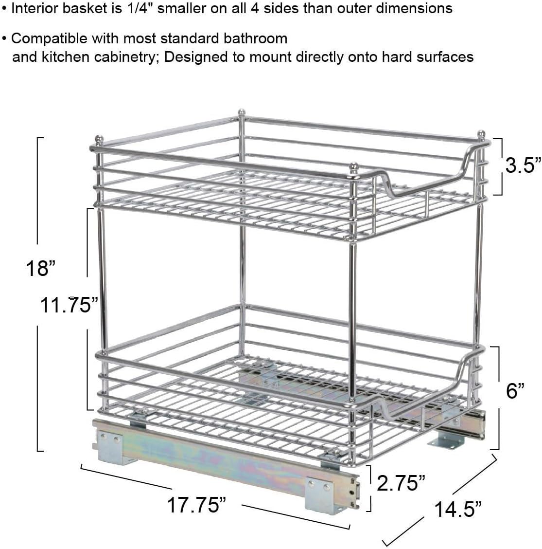 Household Essentials Glidez 2‑Tier Multipurpose Chrome‑Plated Steel Pull‑Out/Slide‑Out Under Cabinet Organizer, Chrome Finish