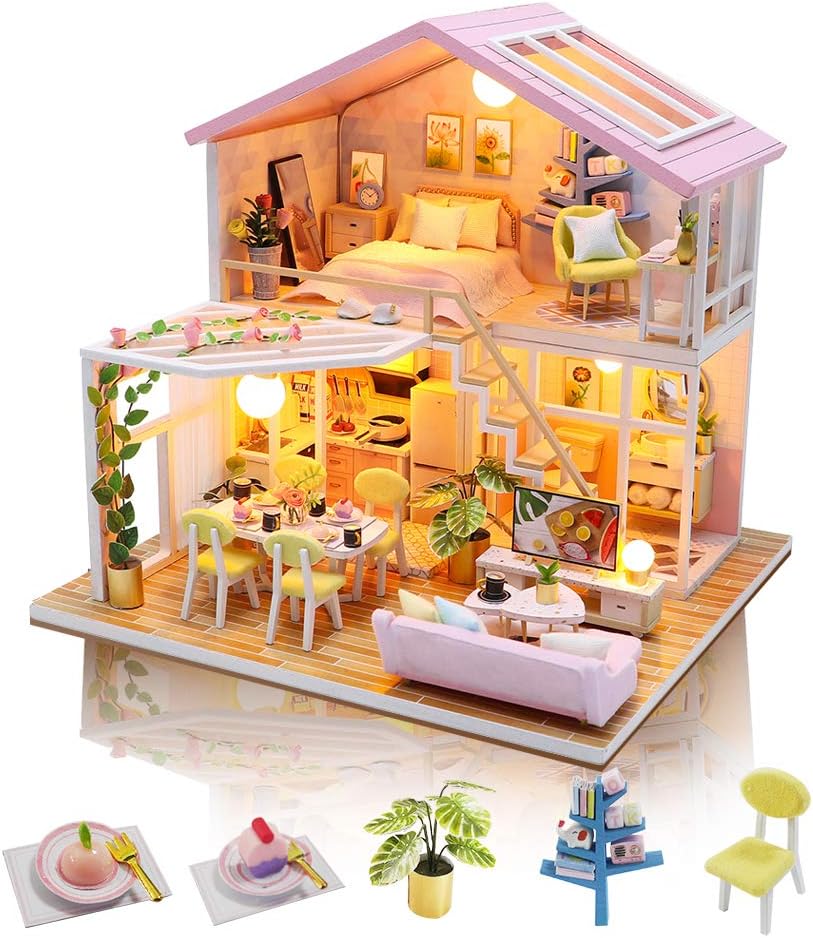 GuDoQi DIY Miniature Dollhouse Kit with Furniture, Tiny House kit 1:24 Scale, Need to Assemble Around 30 Hours