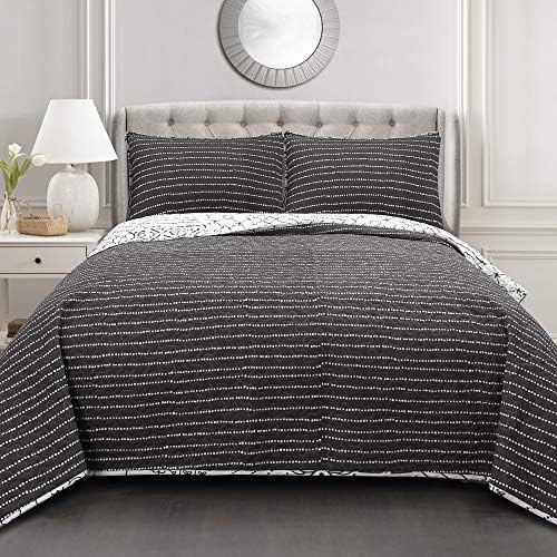Lush Decor Monique 3 Piece Reversible Print Pattern Blue Quilt Set - Full Queen