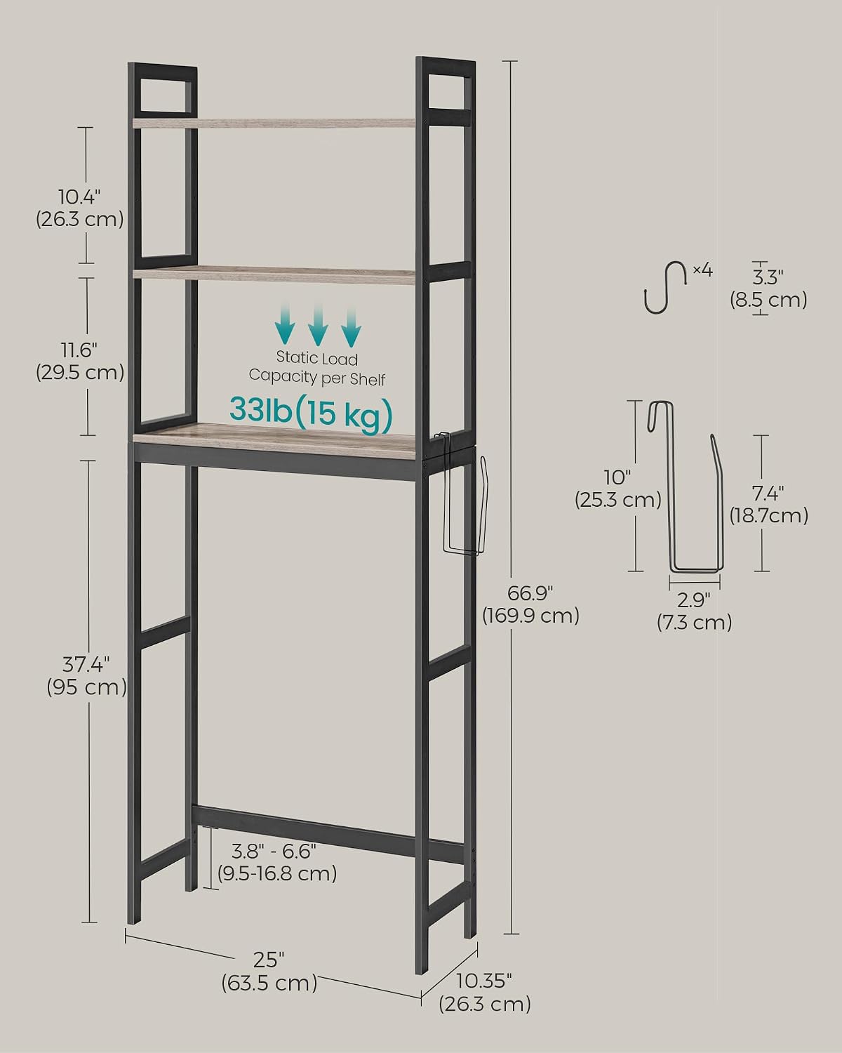 SONGMICS Over The Toilet Storage, 3-Tier Over Toilet Bathroom Organizer with Adjustable Shelf, 10.2 x 24.8 x 66.9 Inches, Space-Saving, Cloud White UBTS01WT