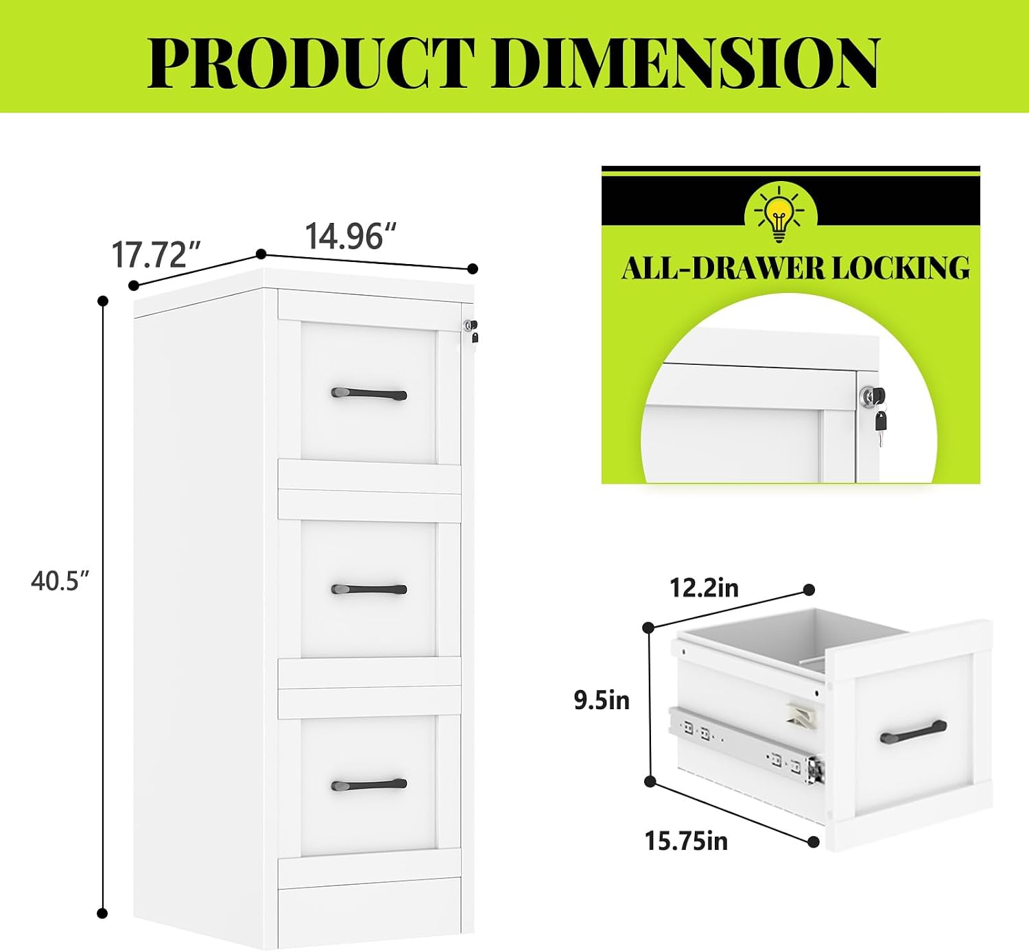 3 Drawer File Cabinet, Office Mobile Filing Cabinet, Printer Stand | All-in-One Office Storage, 3 Storage Drawers, 2 Adjustable Shelves, Lockable Cabinet, 4 Casters, 46.5-Inch Top