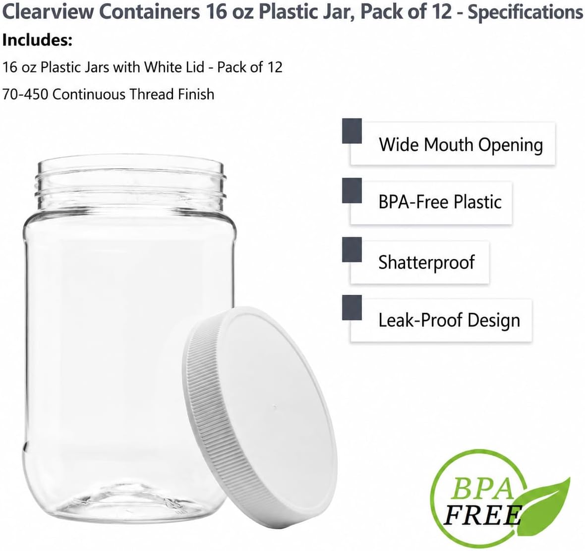 1 Pack - 128 oz (1 Gallon) Plastic Storage Jars with 110-400 Leak Proof Black Lids, Food Grade, BPA Free, Hand Wash Only (128oz, BLK, 1PK)