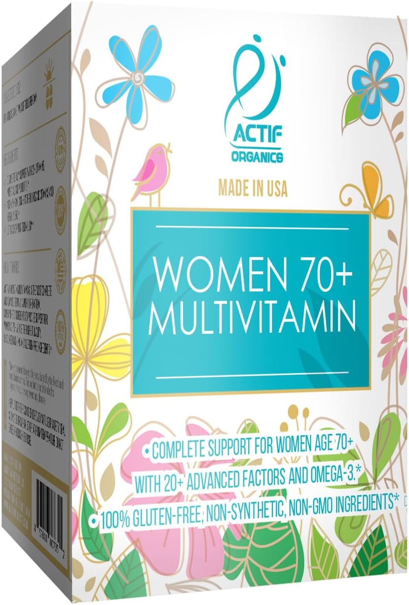 ACTIF Organic Multivitamin for Women Age 70+ with 20+ Advanced Factors and Omega-3 Oil, Non-GMO, Made in USA, 90 Count RealCaps