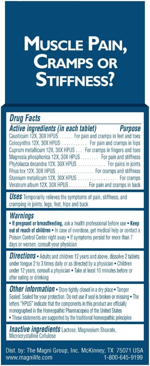 MagniLife Muscle Cramp Pain Relief Quick-Dissolve Tablets, 125 Count, Quinine-Free Homeopathic Medicine for Leg, Foot, Hip, Joint & Back Pain Relief