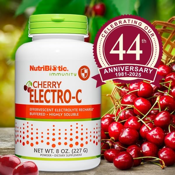 NutriBiotic - Cherry Electro-C Vitamin C & Electrolyte Powder, 8 Oz | 850 Mg Vitamin C Per Serving | Effervescent Electrolyte Recharge | Buffered & Highly Soluble | Non-GMO & Gluten Free