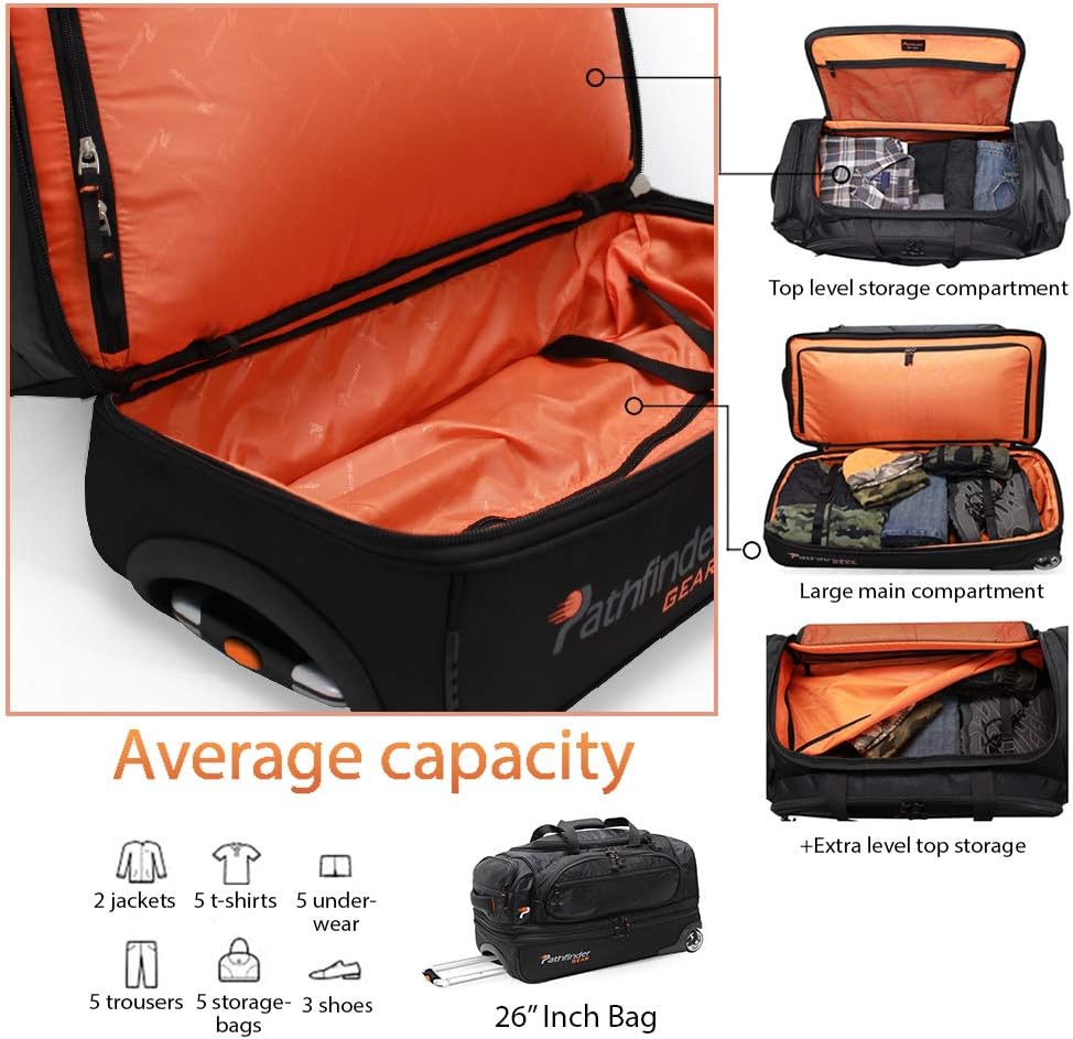 Pathfinder Gear 26 Inch Rolling Drop Bottom Duffel, Black, One Size