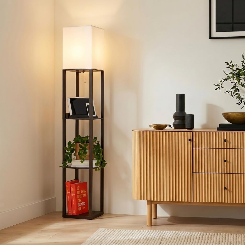 Brightech Maxwell Charger - Modern Shelf Floor Lamp with USB Charging Ports & Electric Outlet - Corner Display Floor Lamps with Shelves for Living