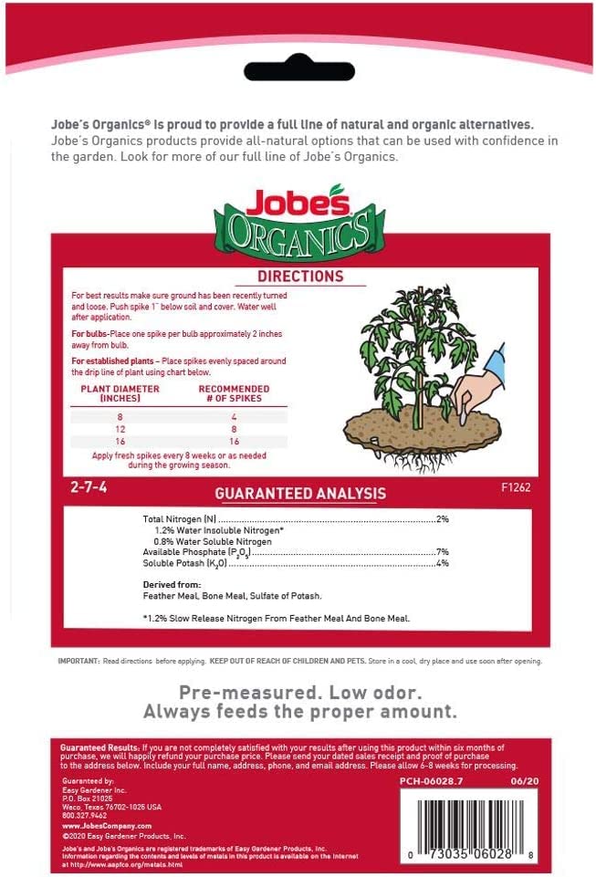 Jobe’s Organics Vegetable & Tomato Fertilizer Spikes, 2-7-4 Time Release Fertilizer for All Vegetables, Herbs and Tomato Plants