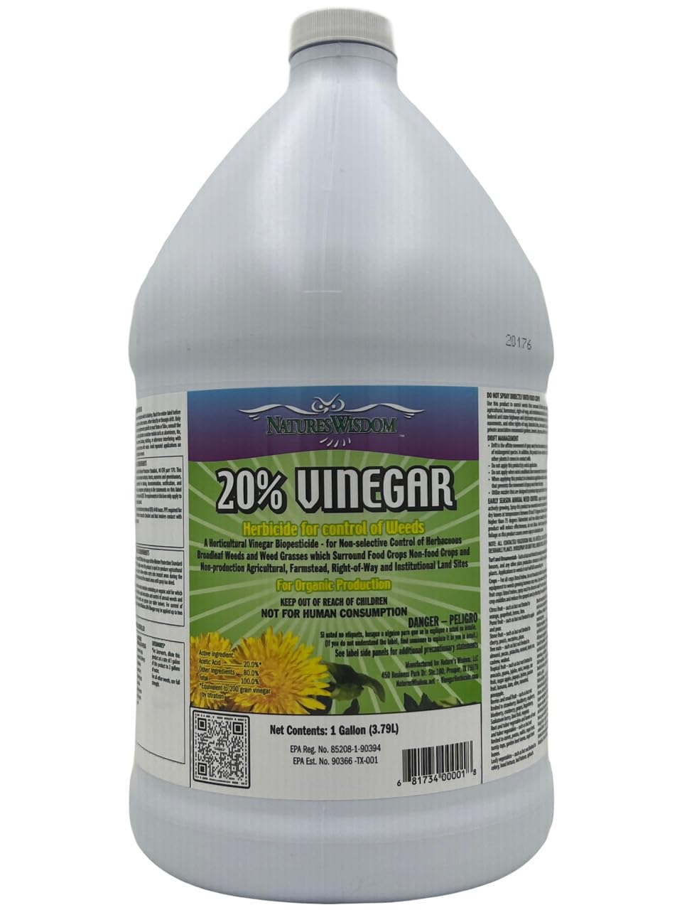 Natures Wisdom 20% Vinegar Weed & Grass Killer | Natural and Organic | 1 Gallon | Glyphosate Free Herbicide