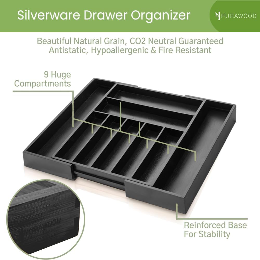 Purawood Kitchen Drawer Organizer - Expandable Utensil Drawer Organizer for Kitchen, Cutlery Tray & Silverware Organizer
