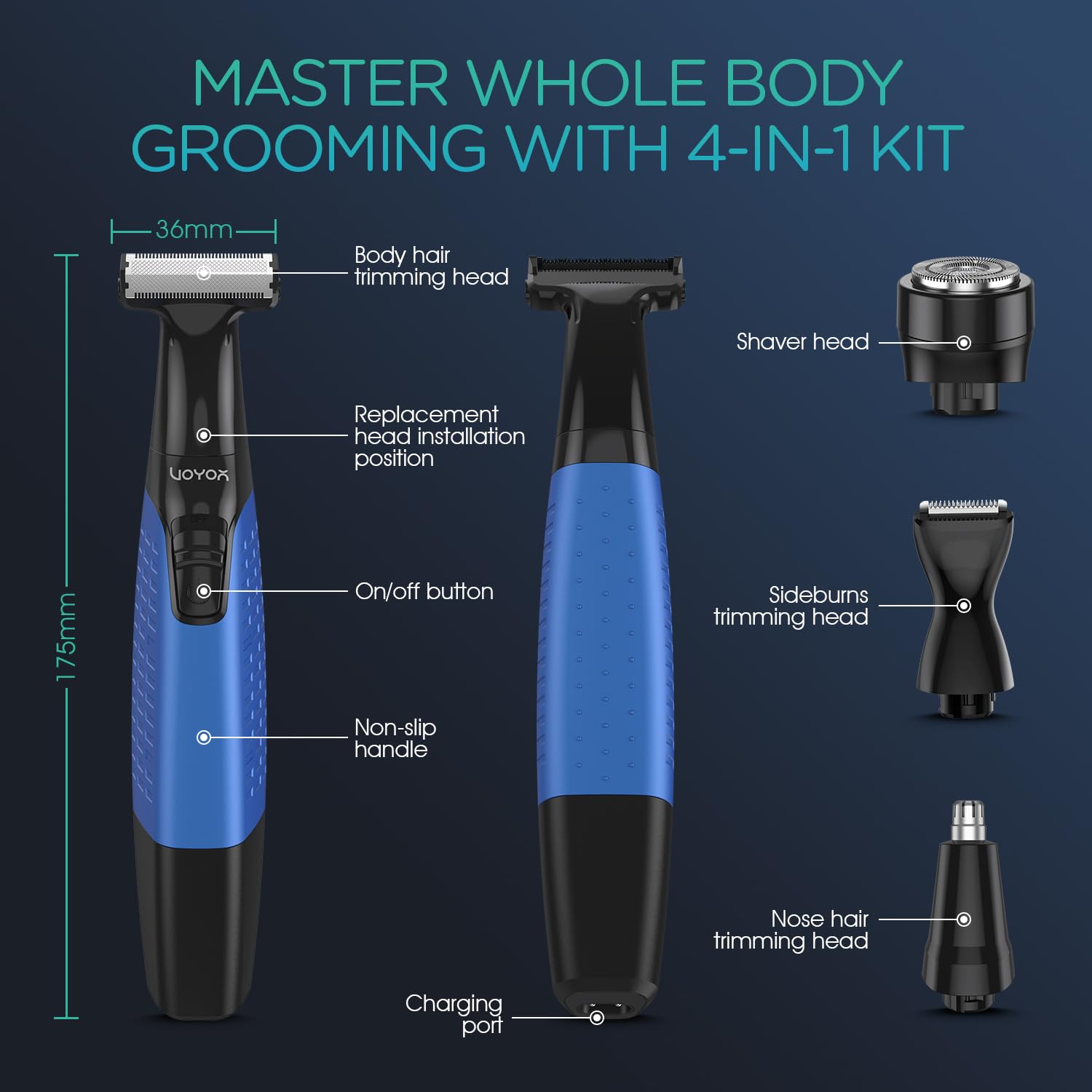 VOYOR Beard Trimmer for Men, Electric Razor for Face, Body & Nose, Wet/Dry