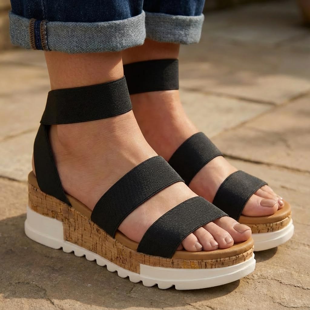 CUSHIONAIRE Naomi Cork Wedge Sandals for Women – Soft Stretch Straps Comfortable Platform Sandals for Women with Memory Foam Insole