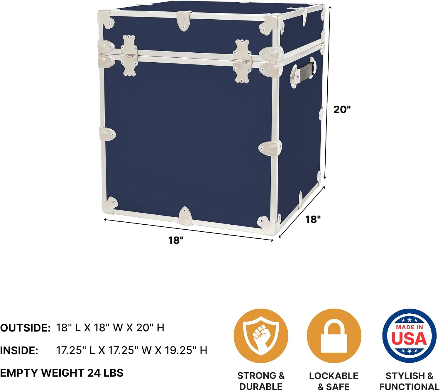 Rhino Classic Cube Trunk, College Dorm Footlocker & Home Storage End Table | 18"L x 18"W x 20"H, 1500+ lb Capacity, Baltic Birch Plywood, Nickel Plated Steel, Durable, Office Storage, Dorm Room